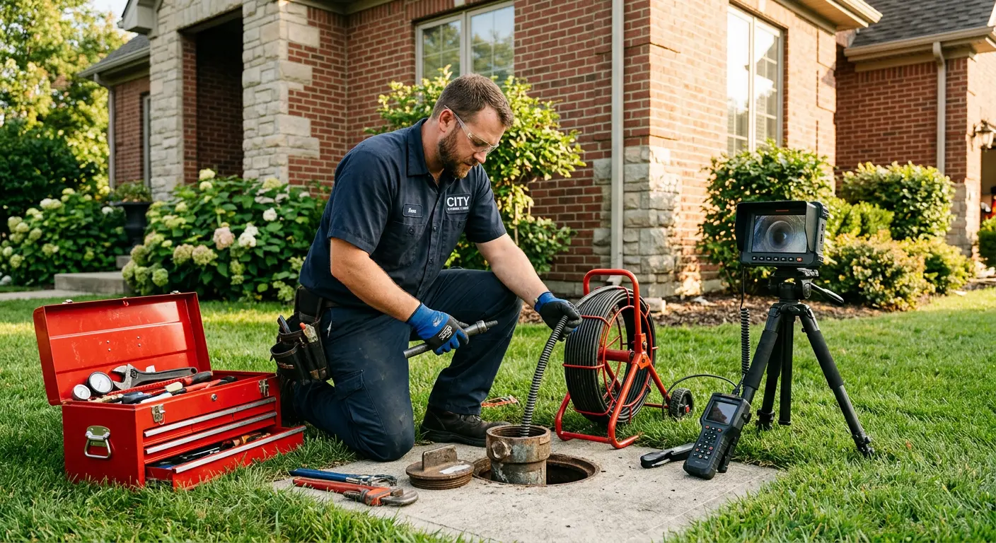 Sewer specialist with camera equipment servicing a cleanout in Medford