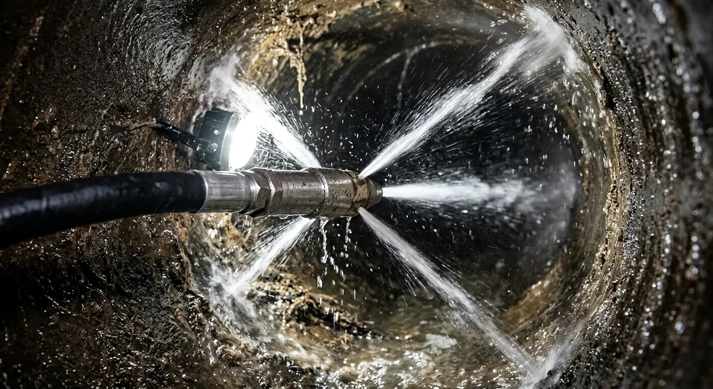 High-pressure hydro jetting nozzle cleaning sewer pipe for Trenchless Sewer Repair in Medford