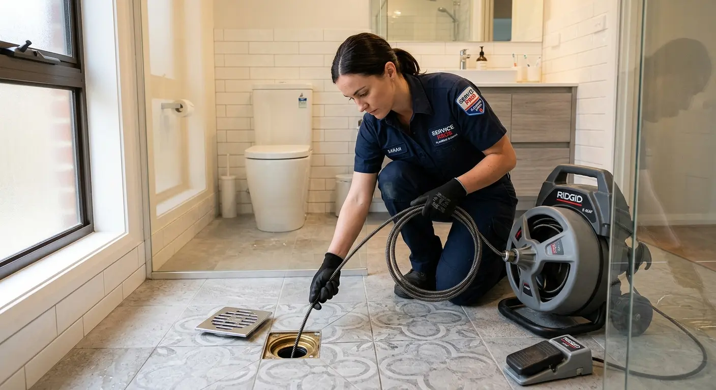 Technician clearing a bathroom floor drain for Drain Cleaning in Medford